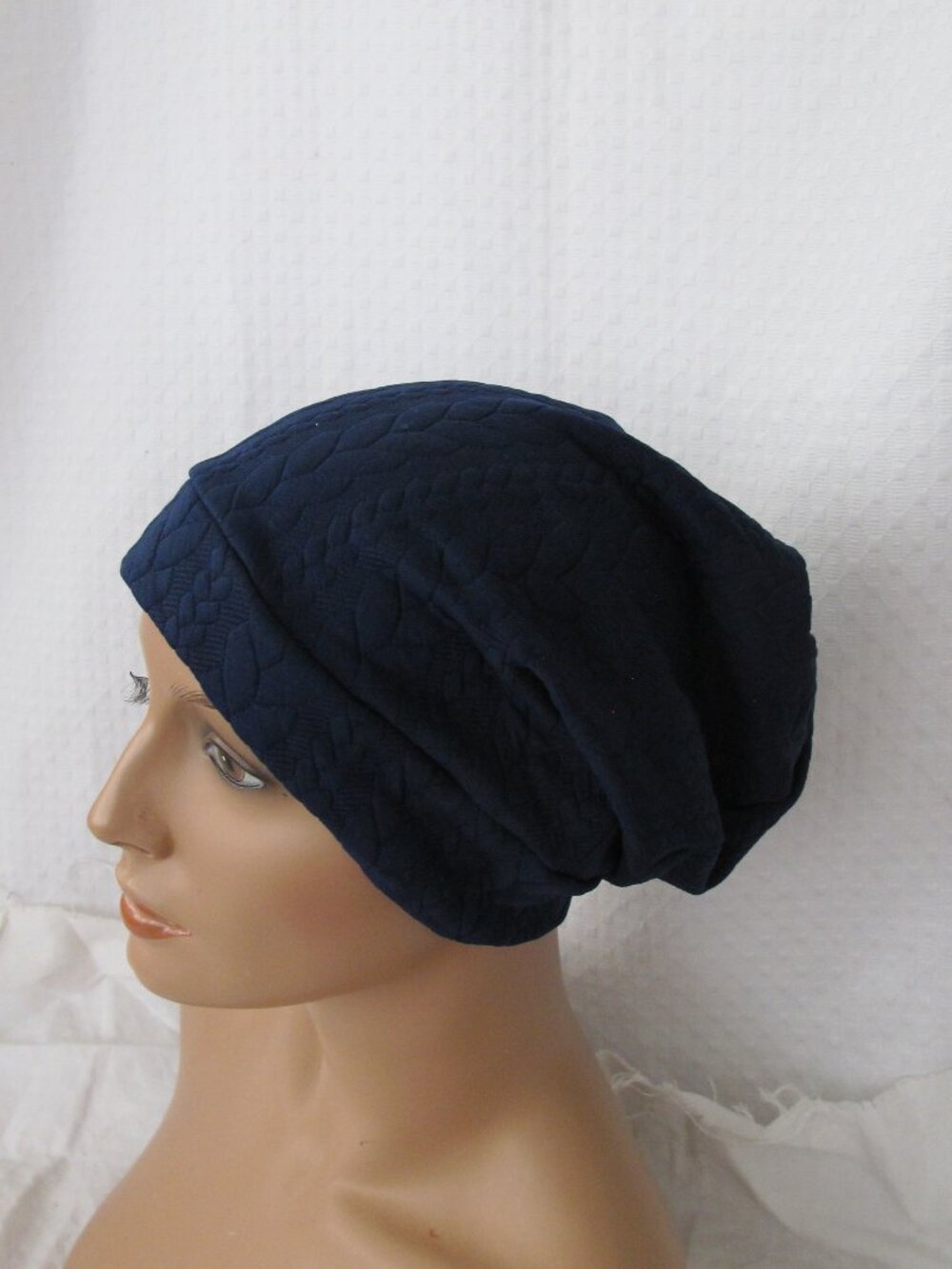 Handmade Navy Blue Cable Print Slouch Beanie